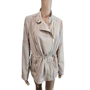 Calvin Klein women's S beige cinch waist roll tab full zip jacket lightweight
